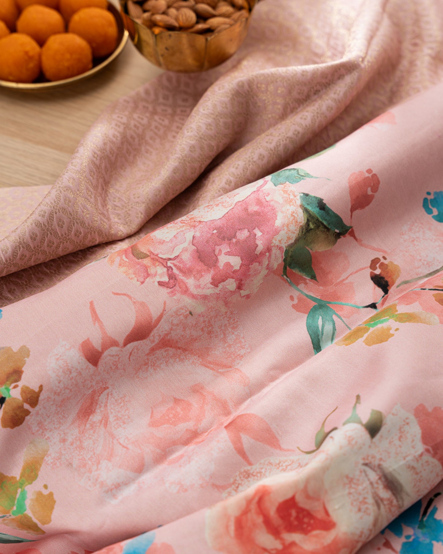 Kanchipuram Silk Brocade Baby Pink Saree With Floral Printed Border