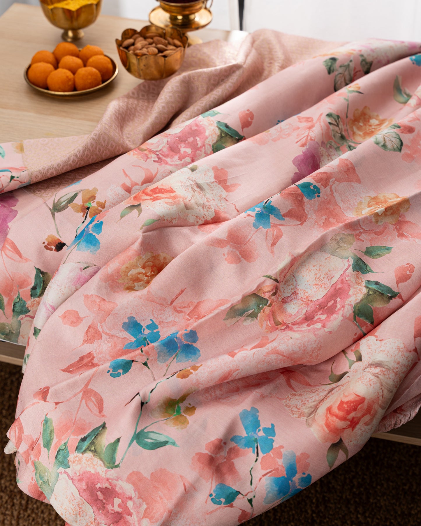 Kanchipuram Silk Brocade Baby Pink Saree With Floral Printed Border