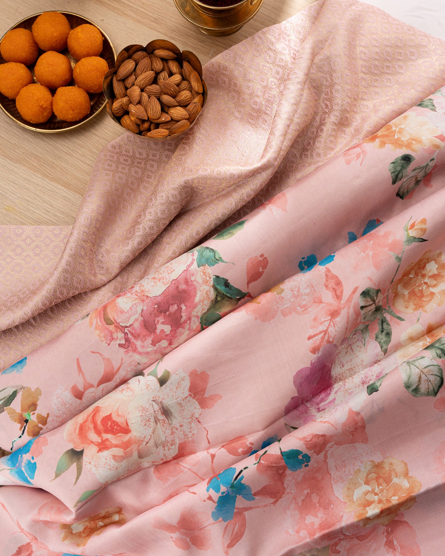 Kanchipuram Silk Brocade Baby Pink Saree With Floral Printed Border