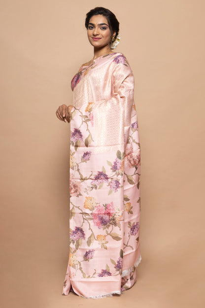 Kanchipuram Silk Jaal Baby Pink Saree With Floral Satin Border