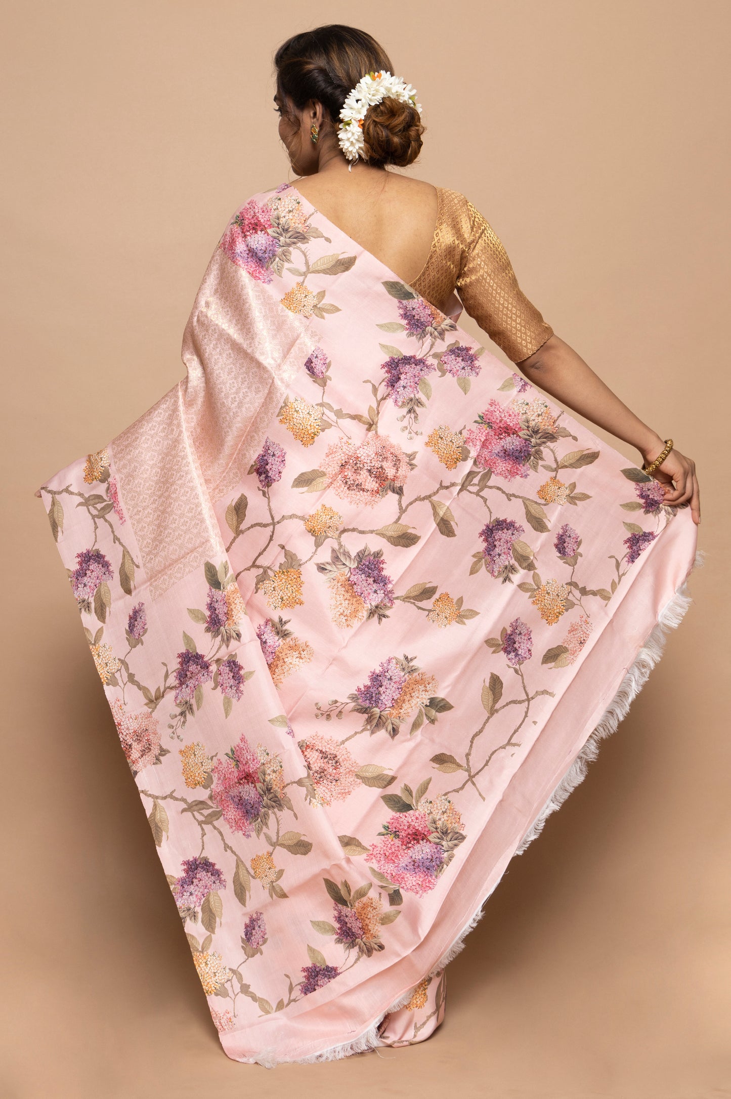 Kanchipuram Silk Jaal Baby Pink Saree With Floral Satin Border