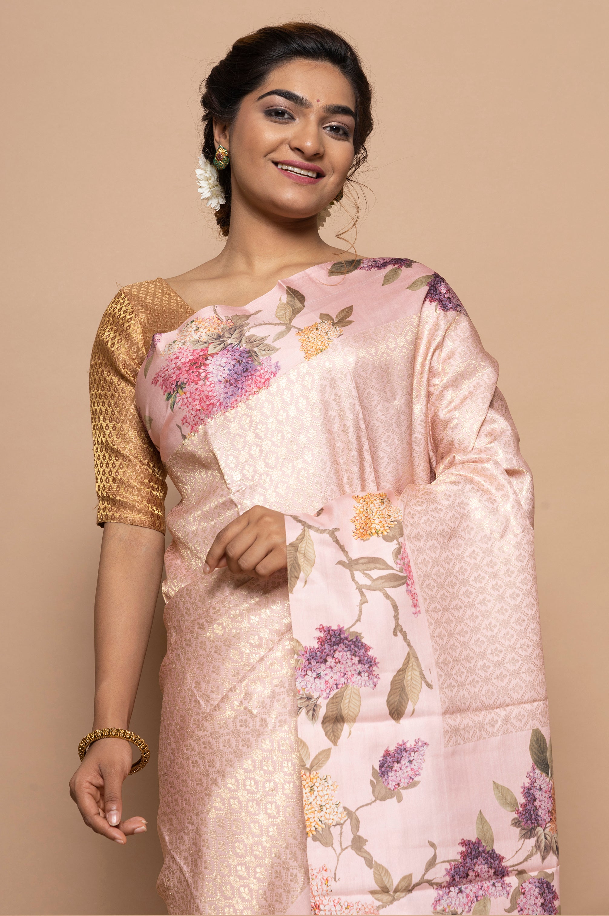 Kanchipuram Silk Jaal Baby Pink Saree With Floral Satin Border