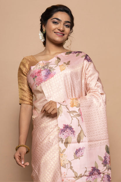Kanchipuram Silk Jaal Baby Pink Saree With Floral Satin Border