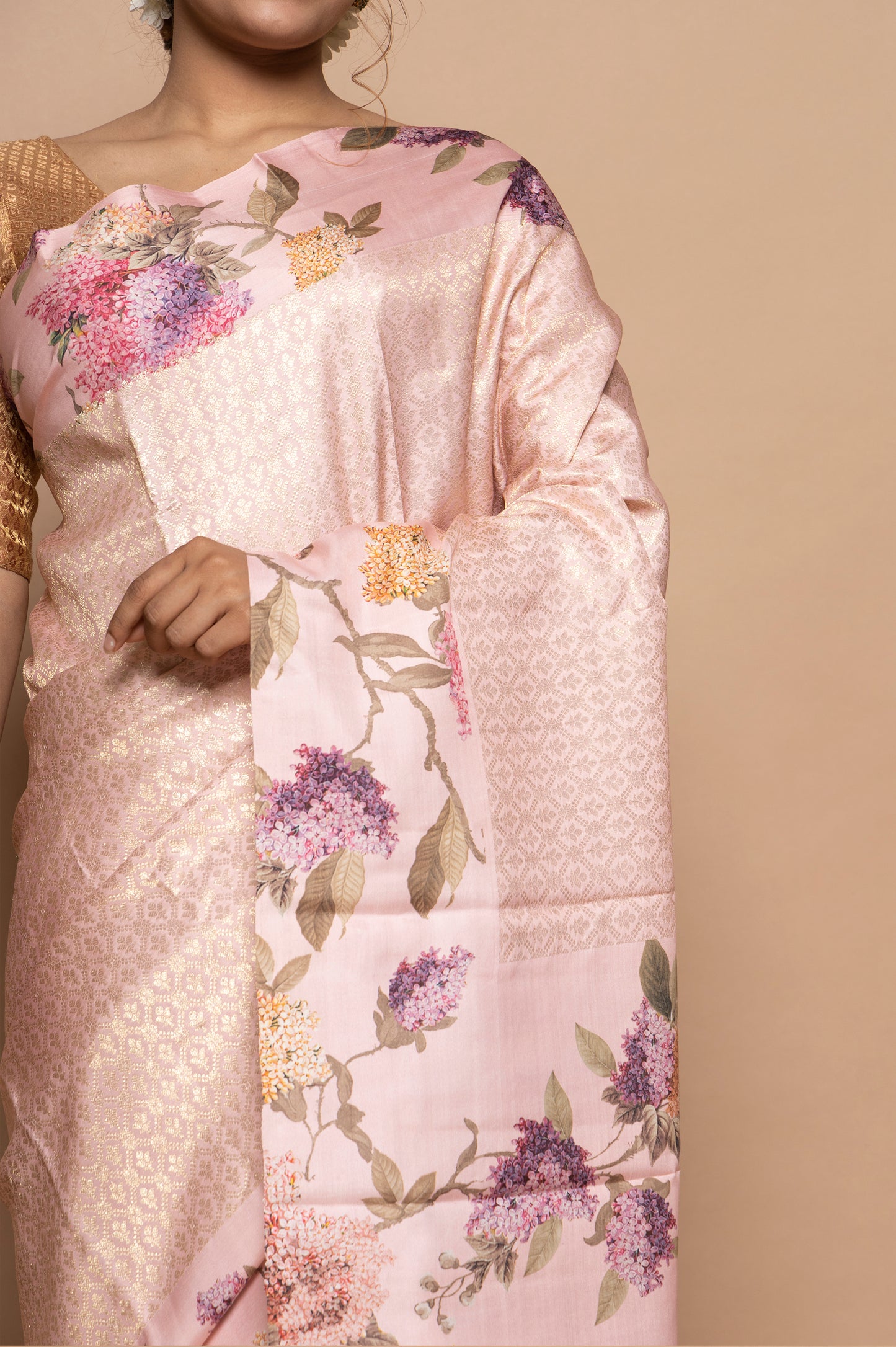 Kanchipuram Silk Jaal Baby Pink Saree With Floral Satin Border