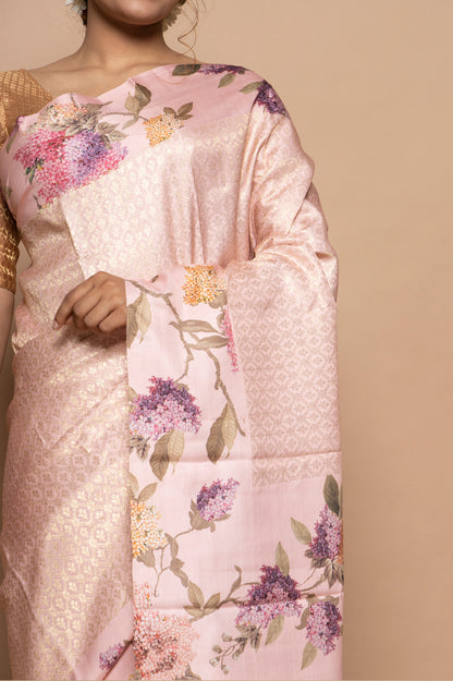 Kanchipuram Silk Jaal Baby Pink Saree With Floral Satin Border
