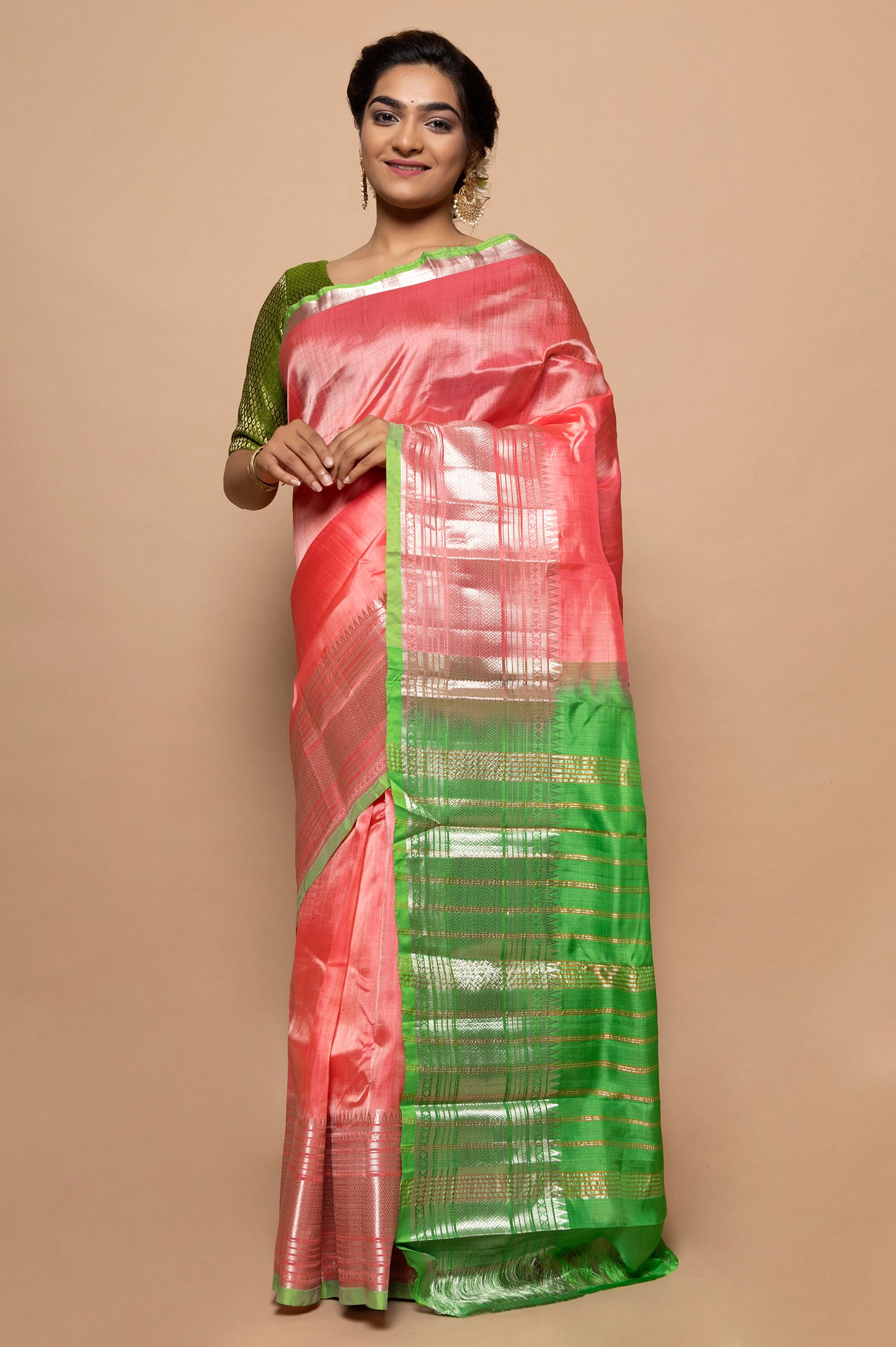 Linen Plain Peach Saree DM