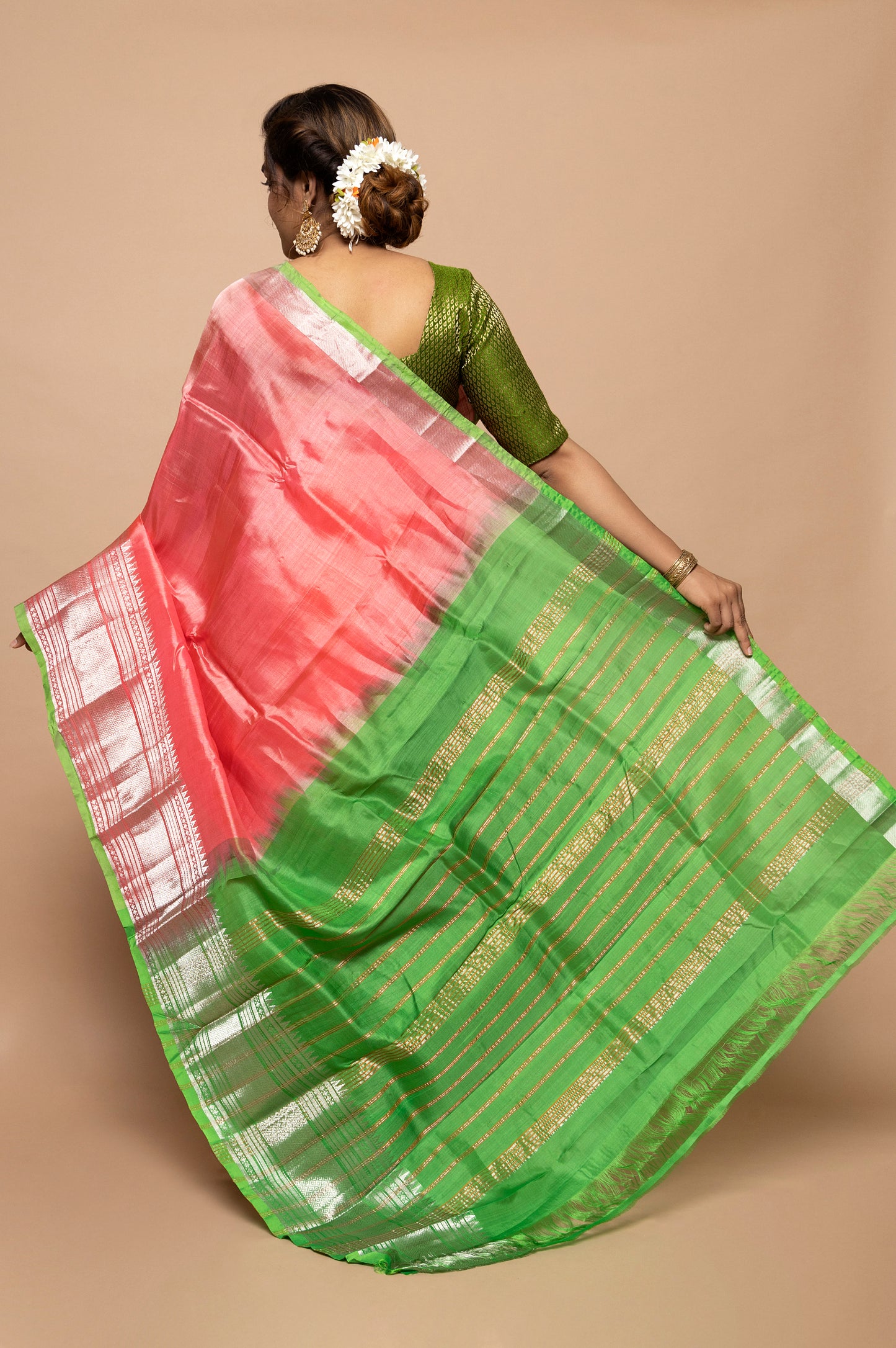 Linen Plain Peach Saree DM