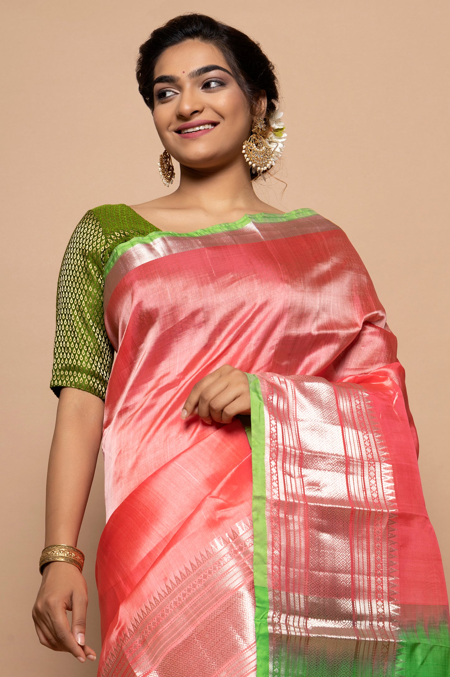 Linen Plain Peach Saree DM