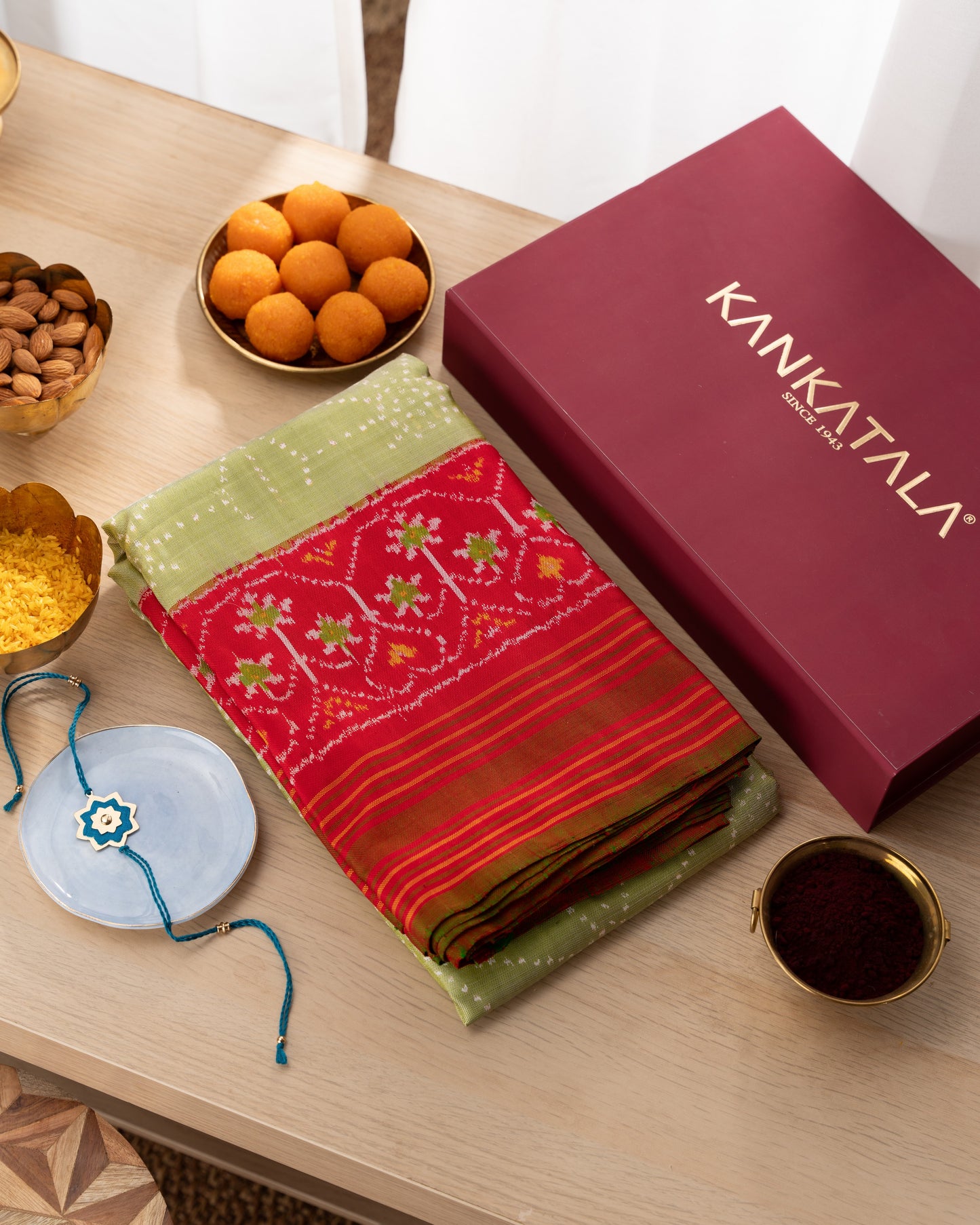 Kanchipuram Silk Ikat Green Saree With Rakhi and Gift Box