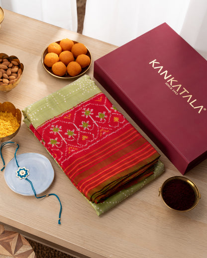 Kanchipuram Silk Ikat Green Saree With Rakhi and Gift Box