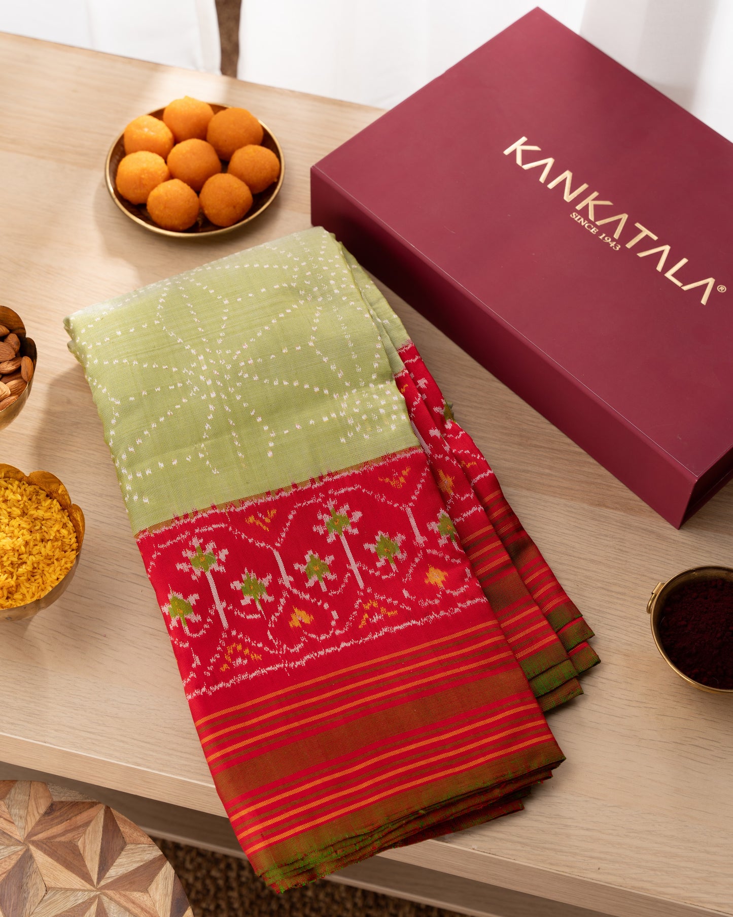 Kanchipuram Silk Ikat Green Saree With Rakhi and Gift Box