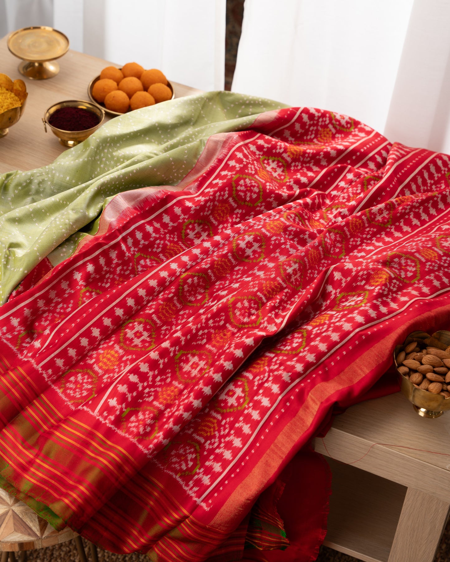 Kanchipuram Silk Ikat Green Saree With Rakhi and Gift Box