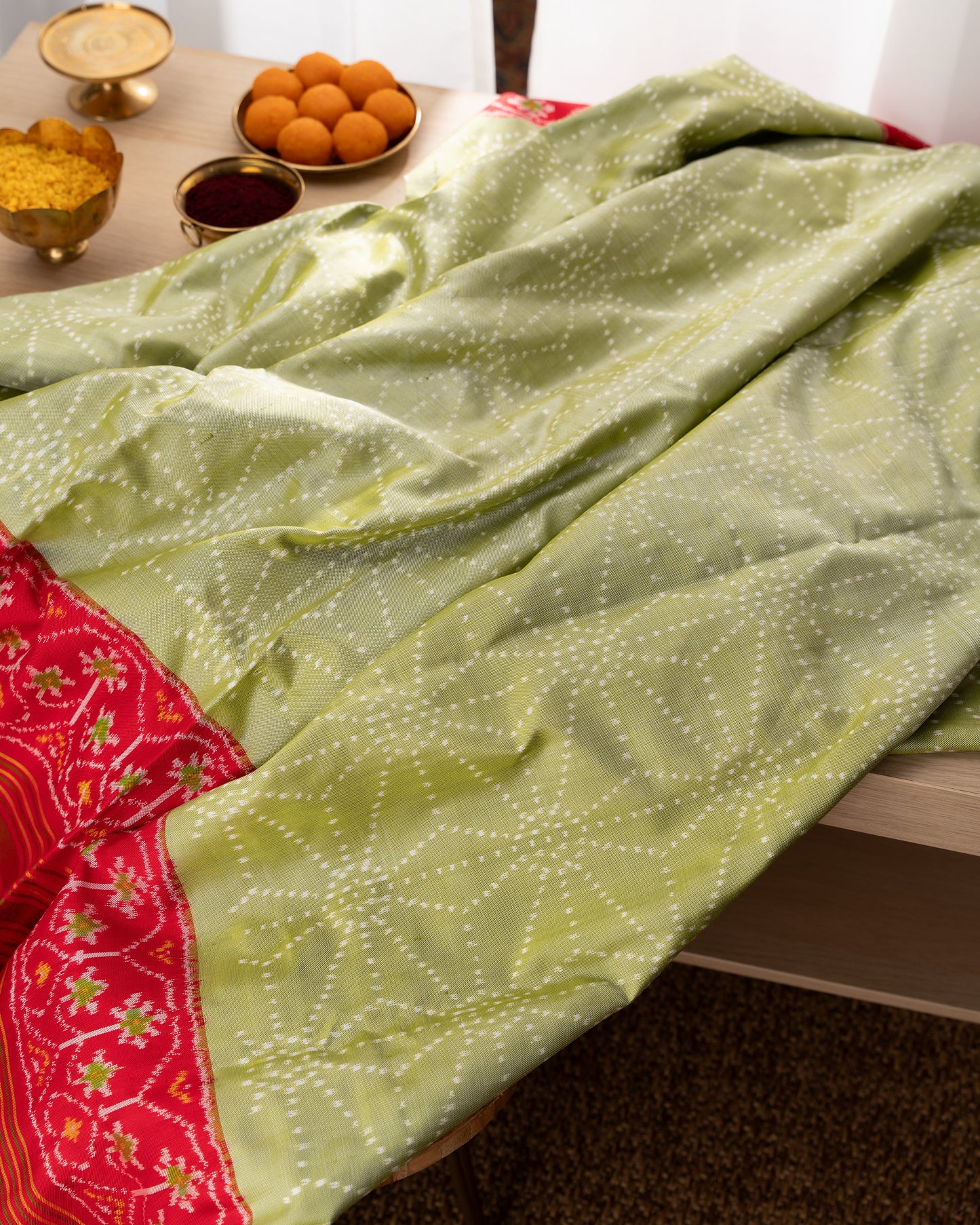 Kanchipuram Silk Ikat Green Saree With Rakhi and Gift Box