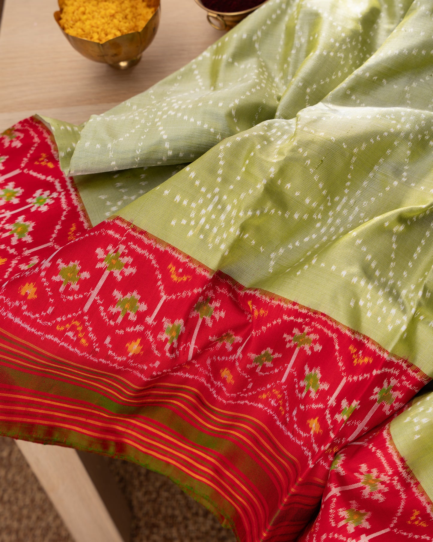 Kanchipuram Silk Ikat Green Saree With Rakhi and Gift Box