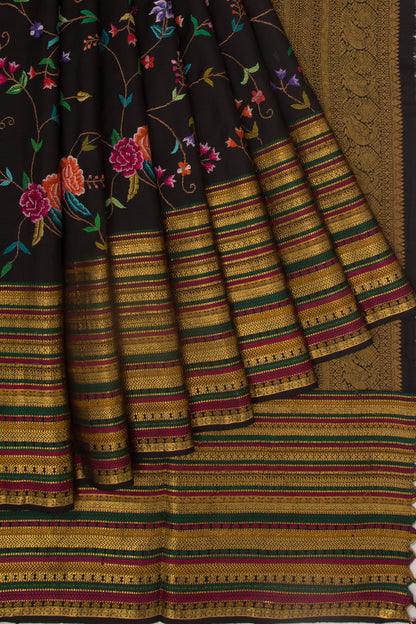 Kanchipuram Silk Floral Embroidery Black Saree