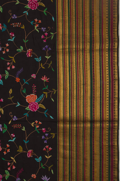 Kanchipuram Silk Floral Embroidery Black Saree