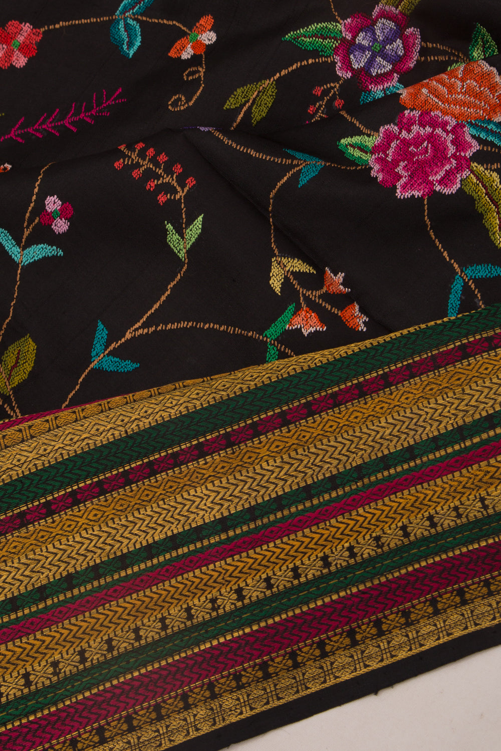 Kanchipuram Silk Floral Embroidery Black Saree