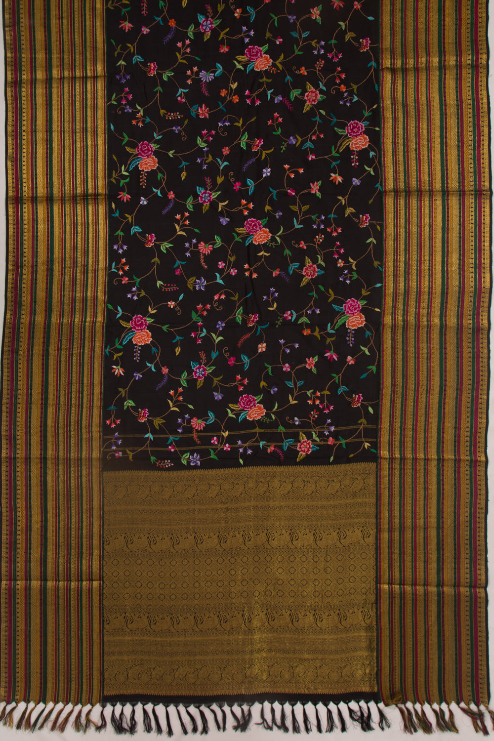 Kanchipuram Silk Floral Embroidery Black Saree