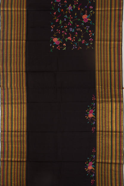 Kanchipuram Silk Floral Embroidery Black Saree