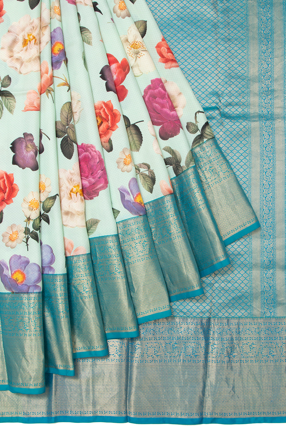 Kanchipuram Silk Floral Printed Pastel Blue Saree