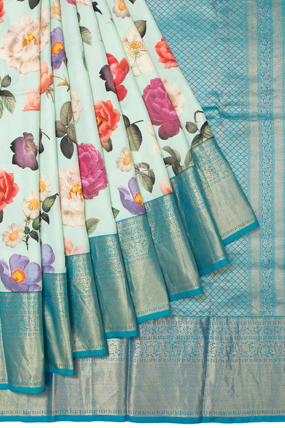 Kanchipuram Silk Floral Printed Pastel Blue Saree