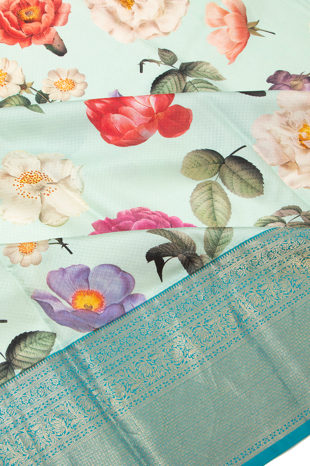 Kanchipuram Silk Floral Printed Pastel Blue Saree