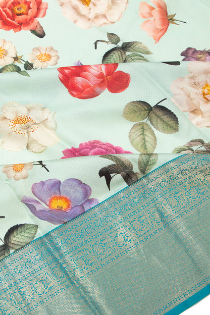 Kanchipuram Silk Floral Printed Pastel Blue Saree