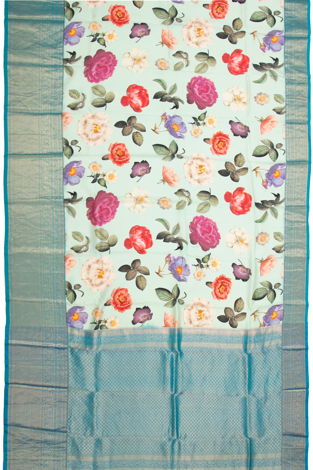Kanchipuram Silk Floral Printed Pastel Blue Saree