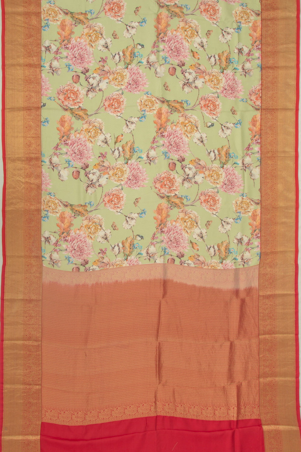 Soft Silk Floral Printed And Jacquard Pastel Green Saree