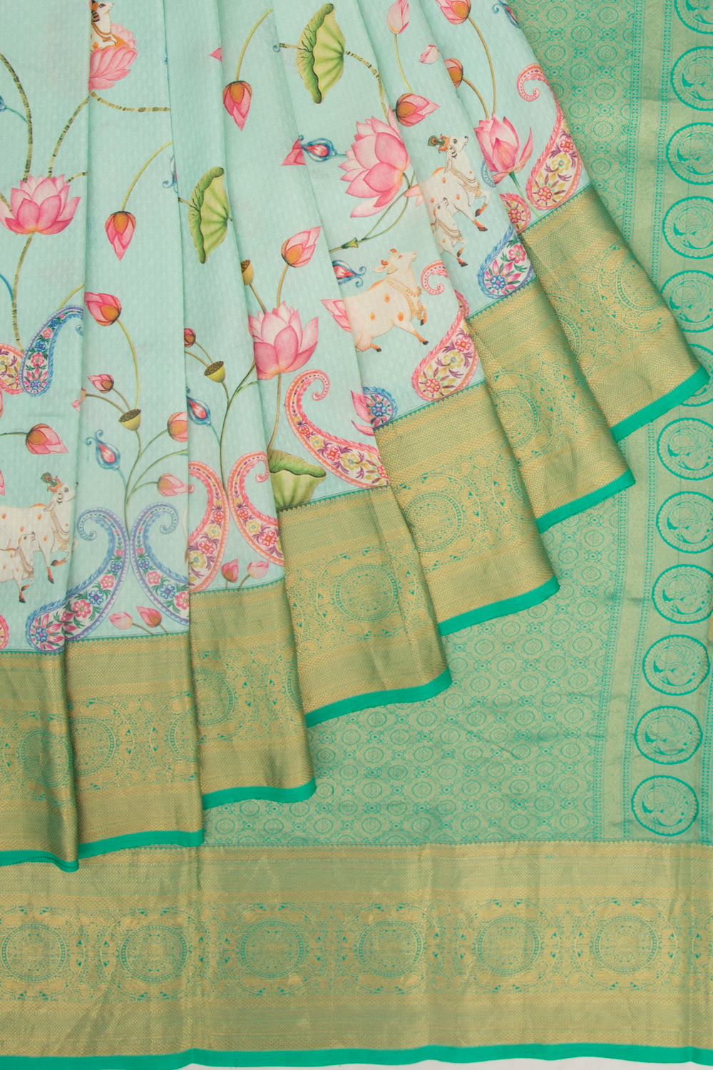 Taranga Kanchi Silk Jacquard Pichwai Printed Sea Green Saree