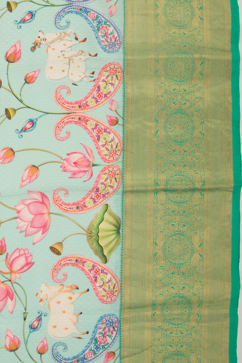 Taranga Kanchi Silk Jacquard Pichwai Printed Sea Green Saree