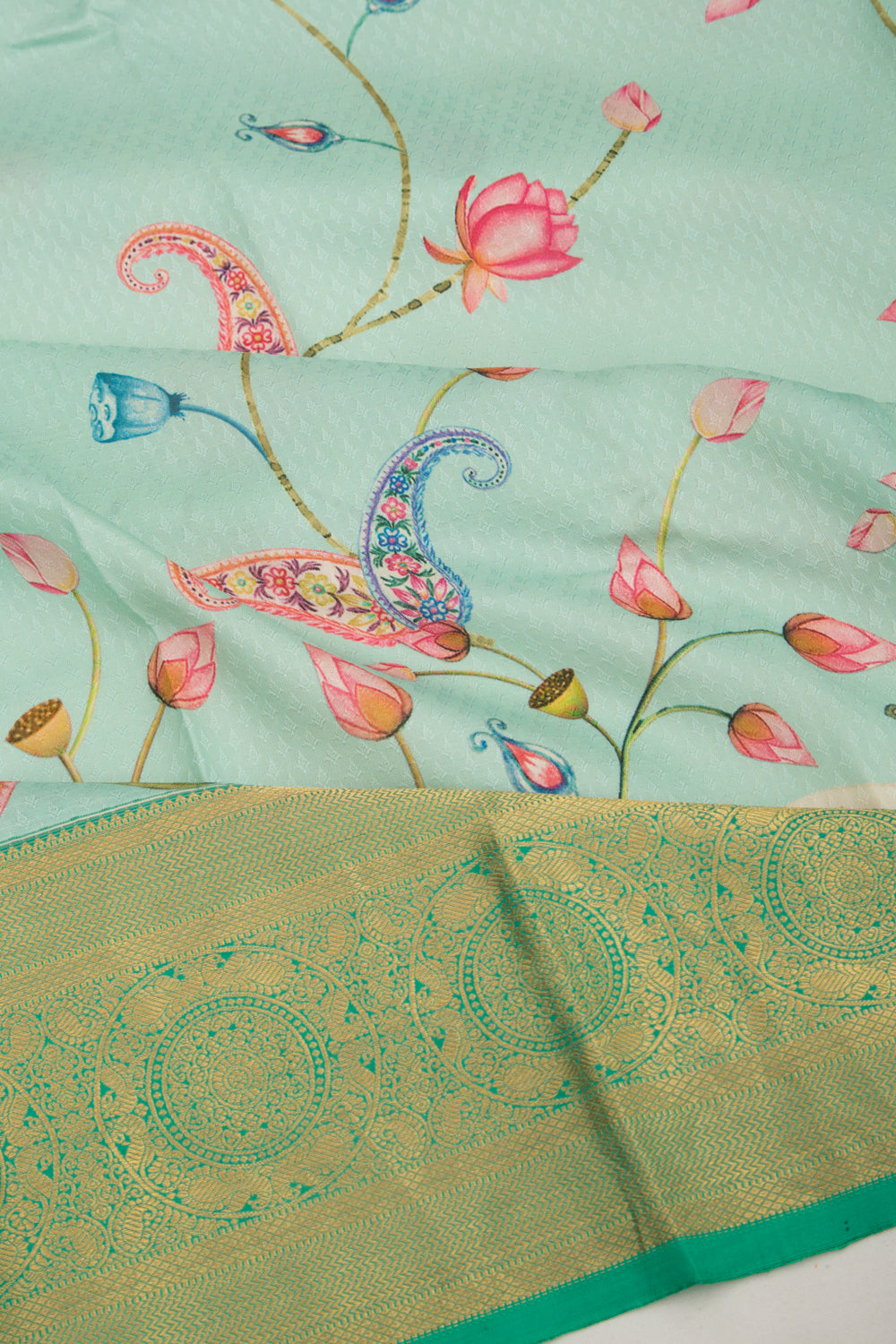 Taranga Kanchi Silk Jacquard Pichwai Printed Sea Green Saree