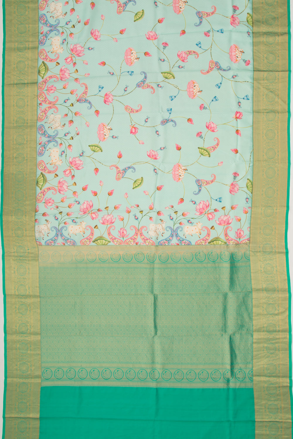Taranga Kanchi Silk Jacquard Pichwai Printed Sea Green Saree