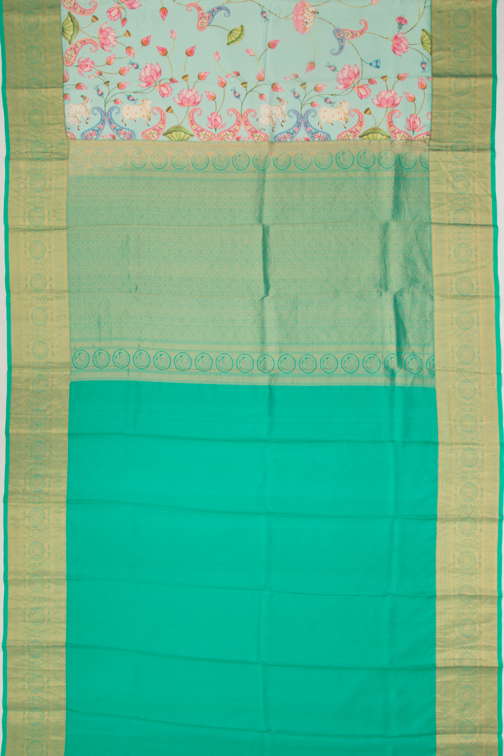 Taranga Kanchi Silk Jacquard Pichwai Printed Sea Green Saree