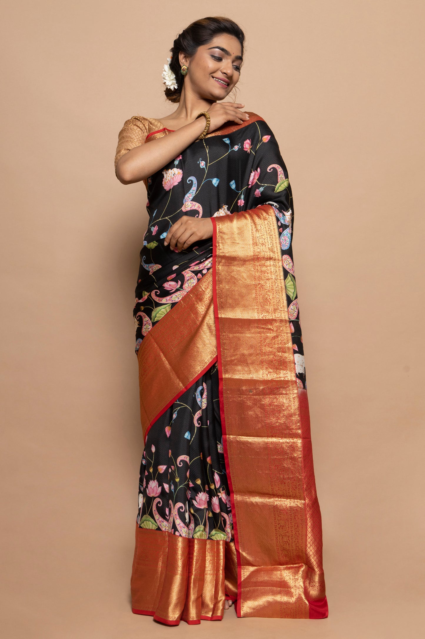 Soft Silk Jacquard And Floral Printed Black Saree