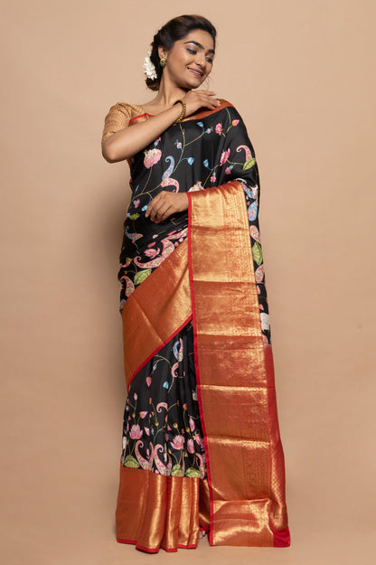 Soft Silk Jacquard And Floral Printed Black Saree