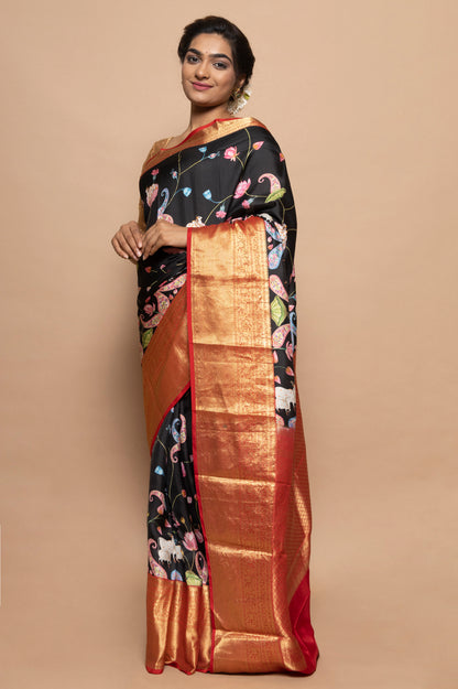 Soft Silk Jacquard And Floral Printed Black Saree