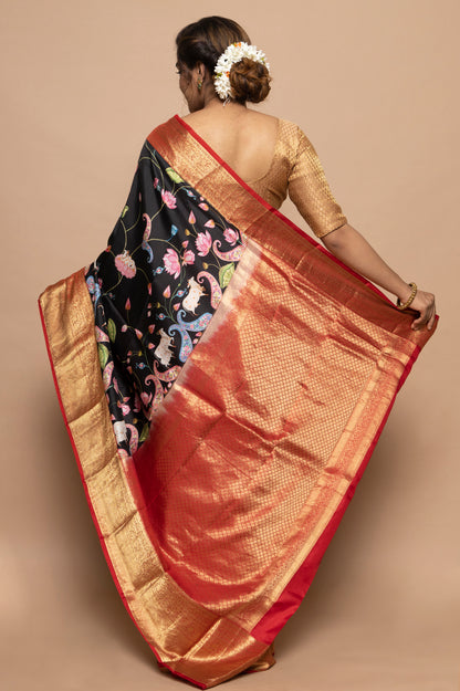 Soft Silk Jacquard And Floral Printed Black Saree