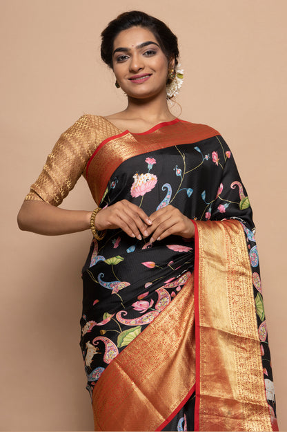 Soft Silk Jacquard And Floral Printed Black Saree