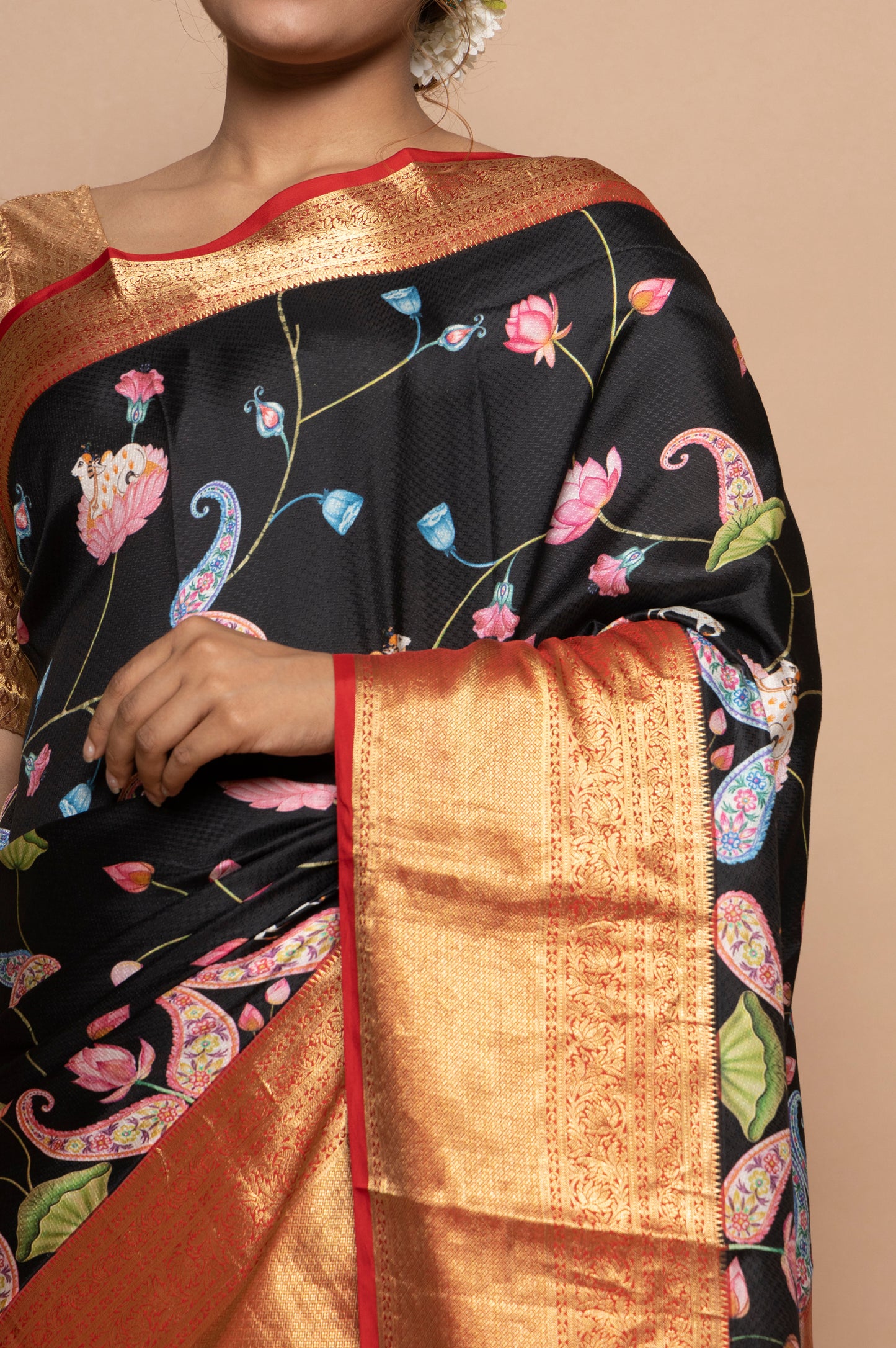 Soft Silk Jacquard And Floral Printed Black Saree