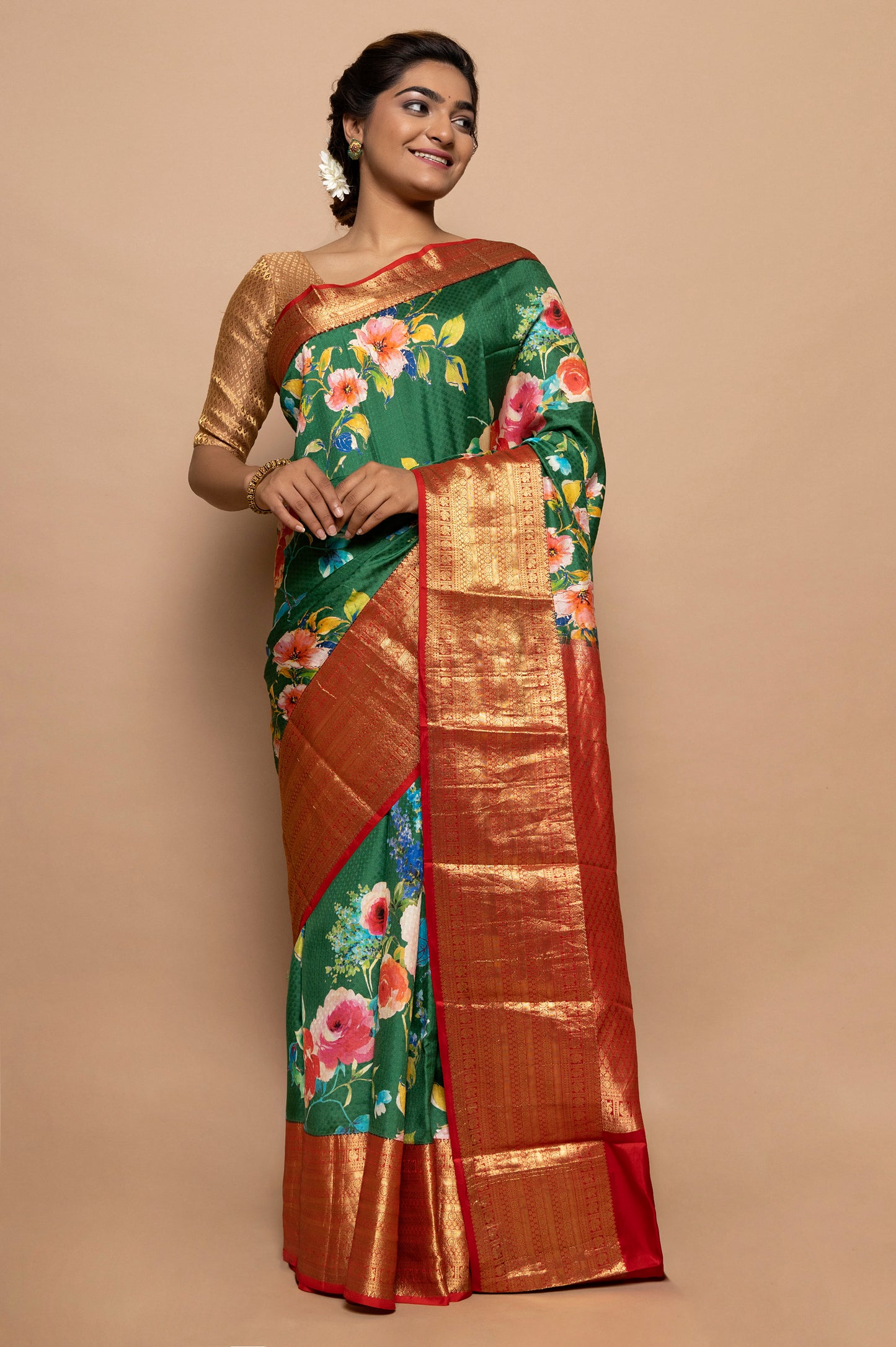 Soft Silk Jacquard And Floral Printed Green Saree