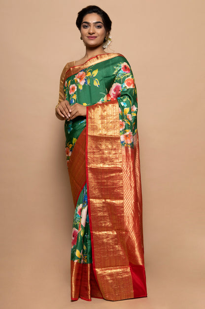 Soft Silk Jacquard And Floral Printed Green Saree