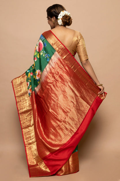 Soft Silk Jacquard And Floral Printed Green Saree
