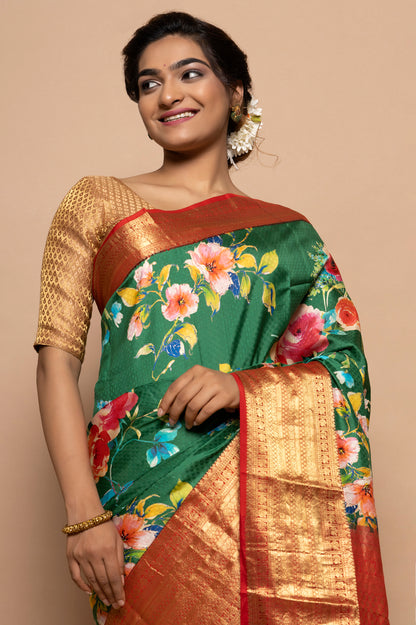 Soft Silk Jacquard And Floral Printed Green Saree