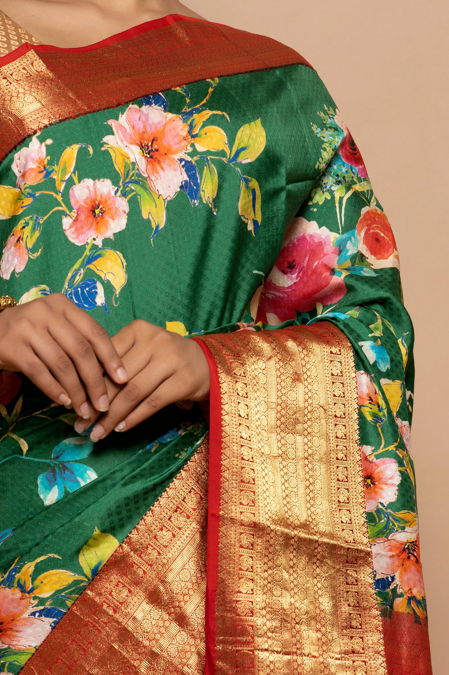 Soft Silk Jacquard And Floral Printed Green Saree