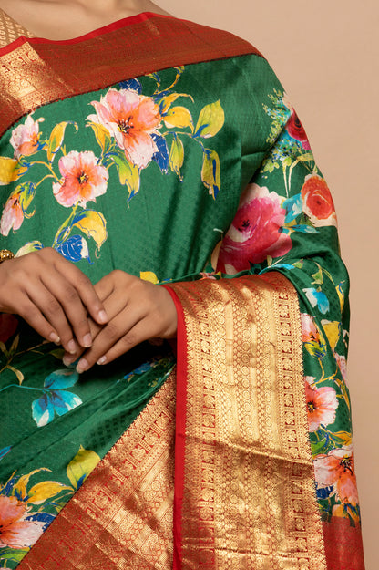 Soft Silk Jacquard And Floral Printed Green Saree