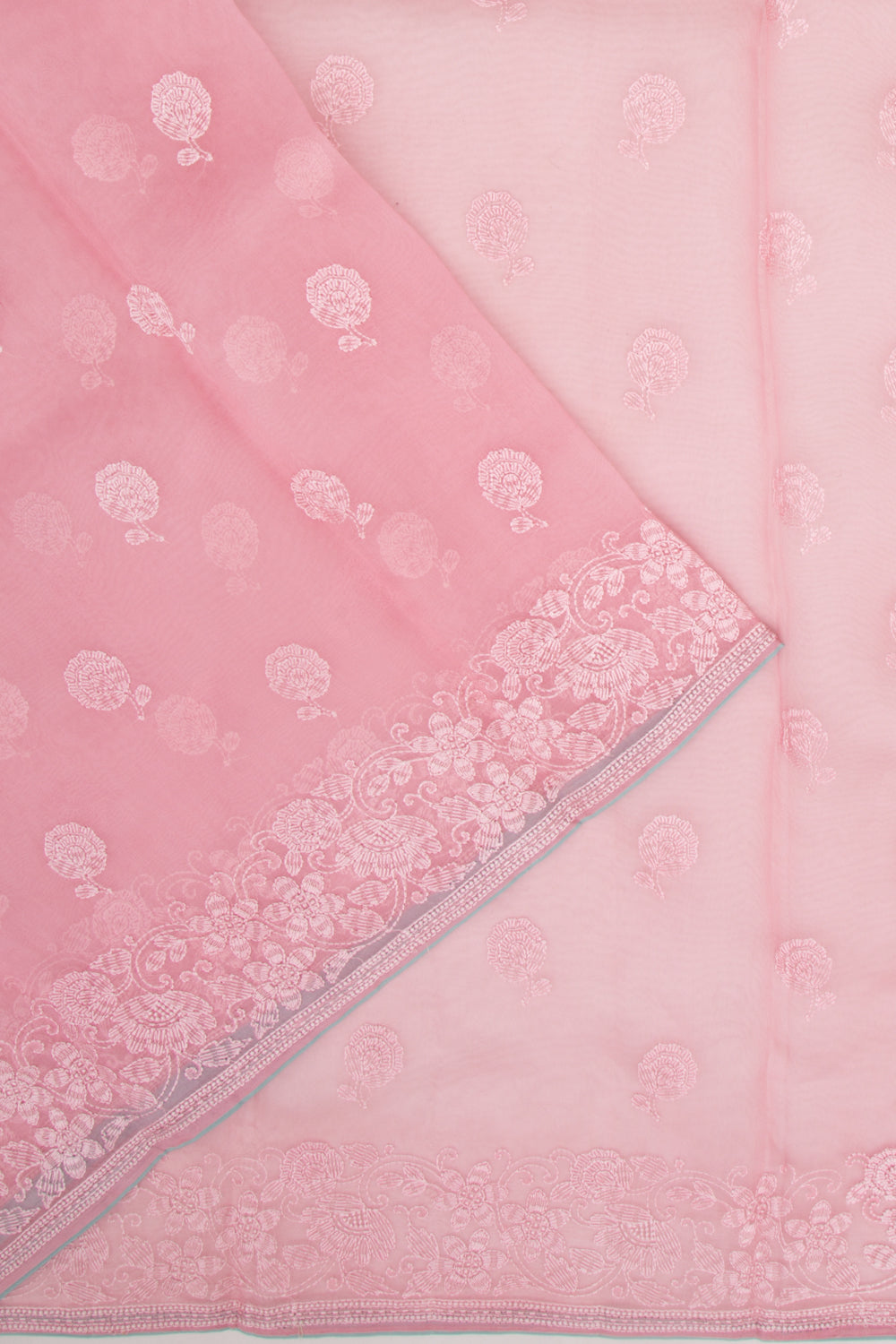 Organza Floral Embroidery Baby Pink Saree