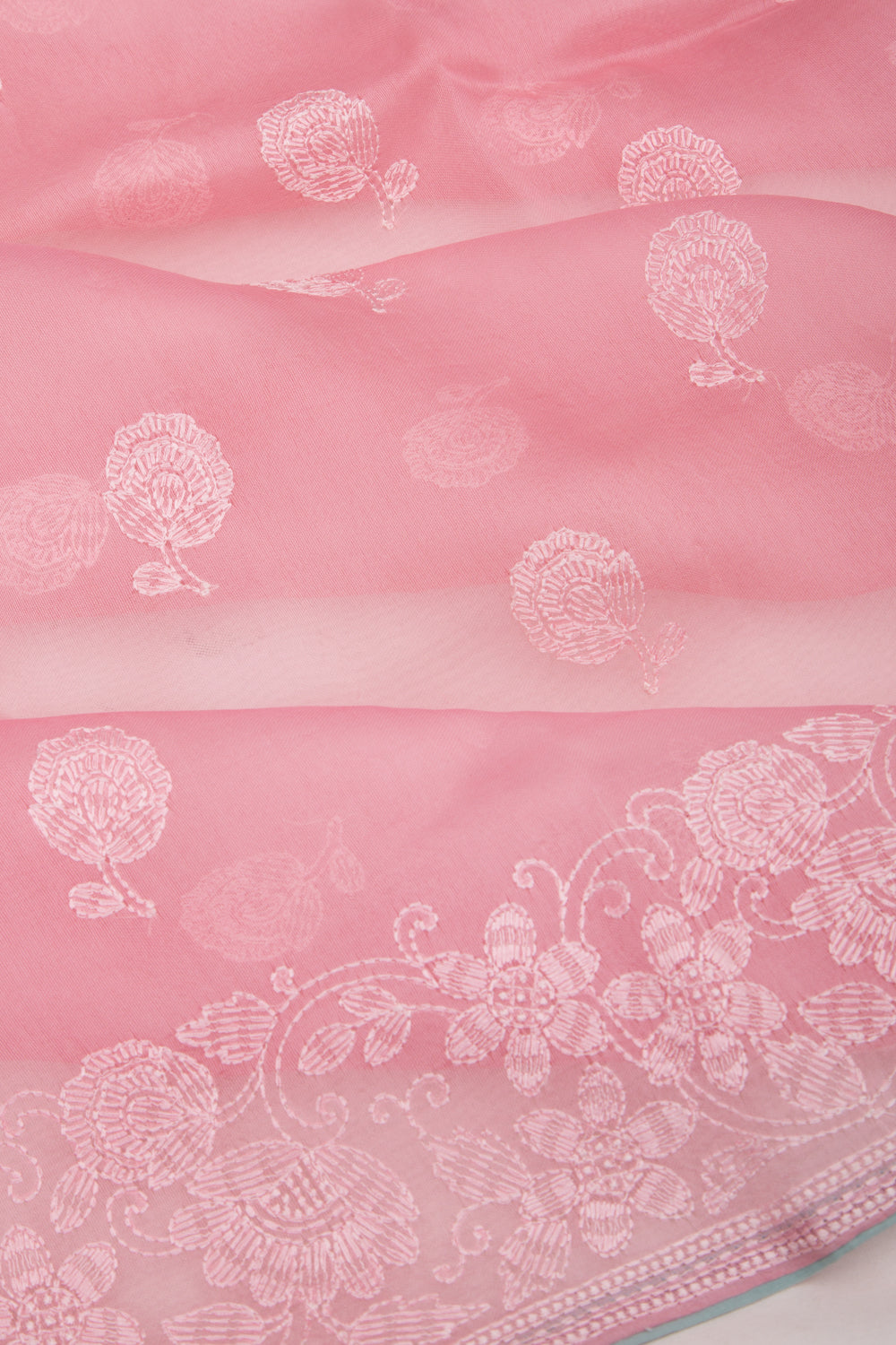 Organza Floral Embroidery Baby Pink Saree