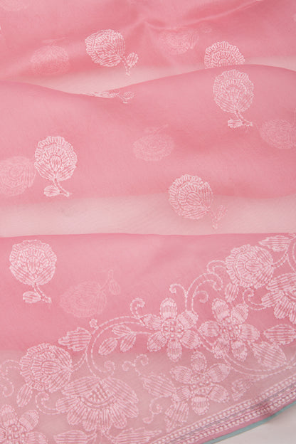 Organza Floral Embroidery Baby Pink Saree