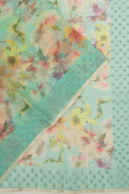 Organza Checks And Floral Printed Green Saree